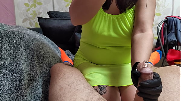 Black gloves handjob from busty milf. Huge cumshot over tities